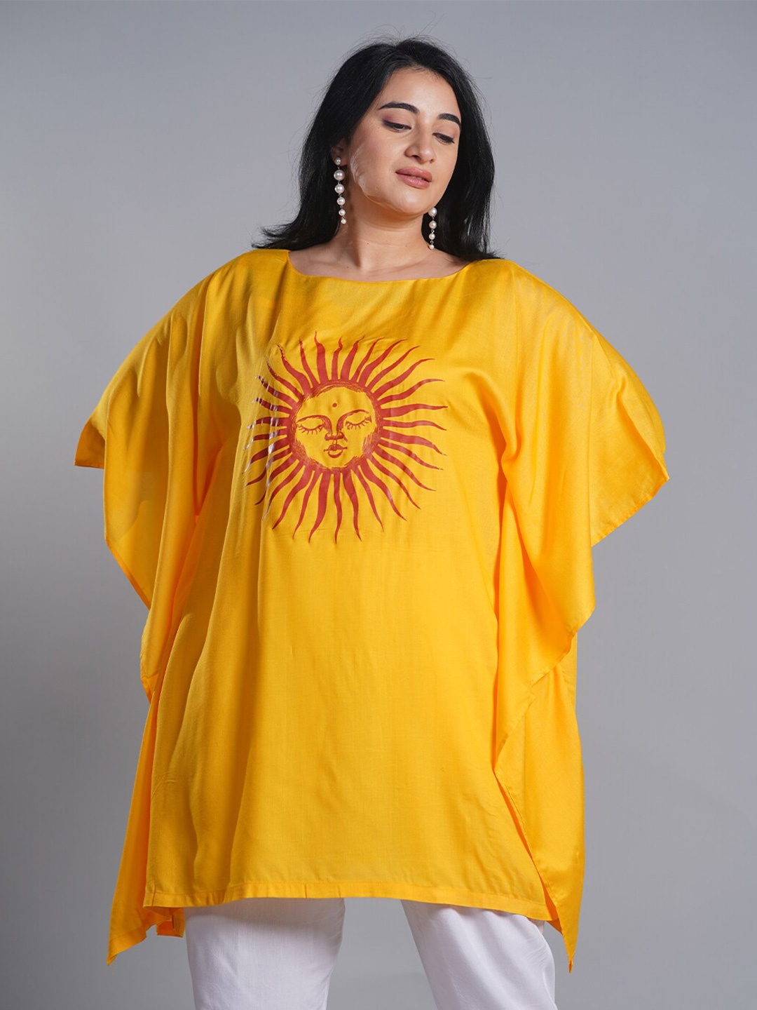 

LetsDressUp Ethnic Motifs Printed Boat Neck Flared Sleeves Kaftan Kurti, Yellow