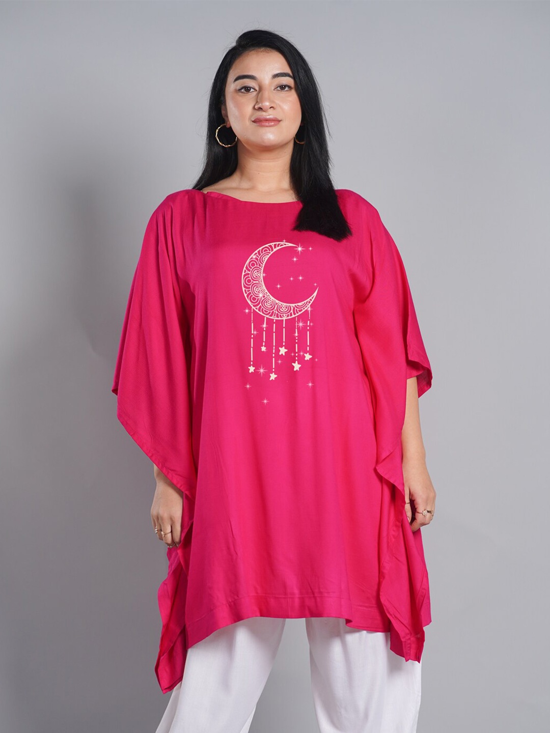 

LetsDressUp Ethnic Motifs Printed Boat Neck Flared Sleeves Kaftan Kurti, Magenta