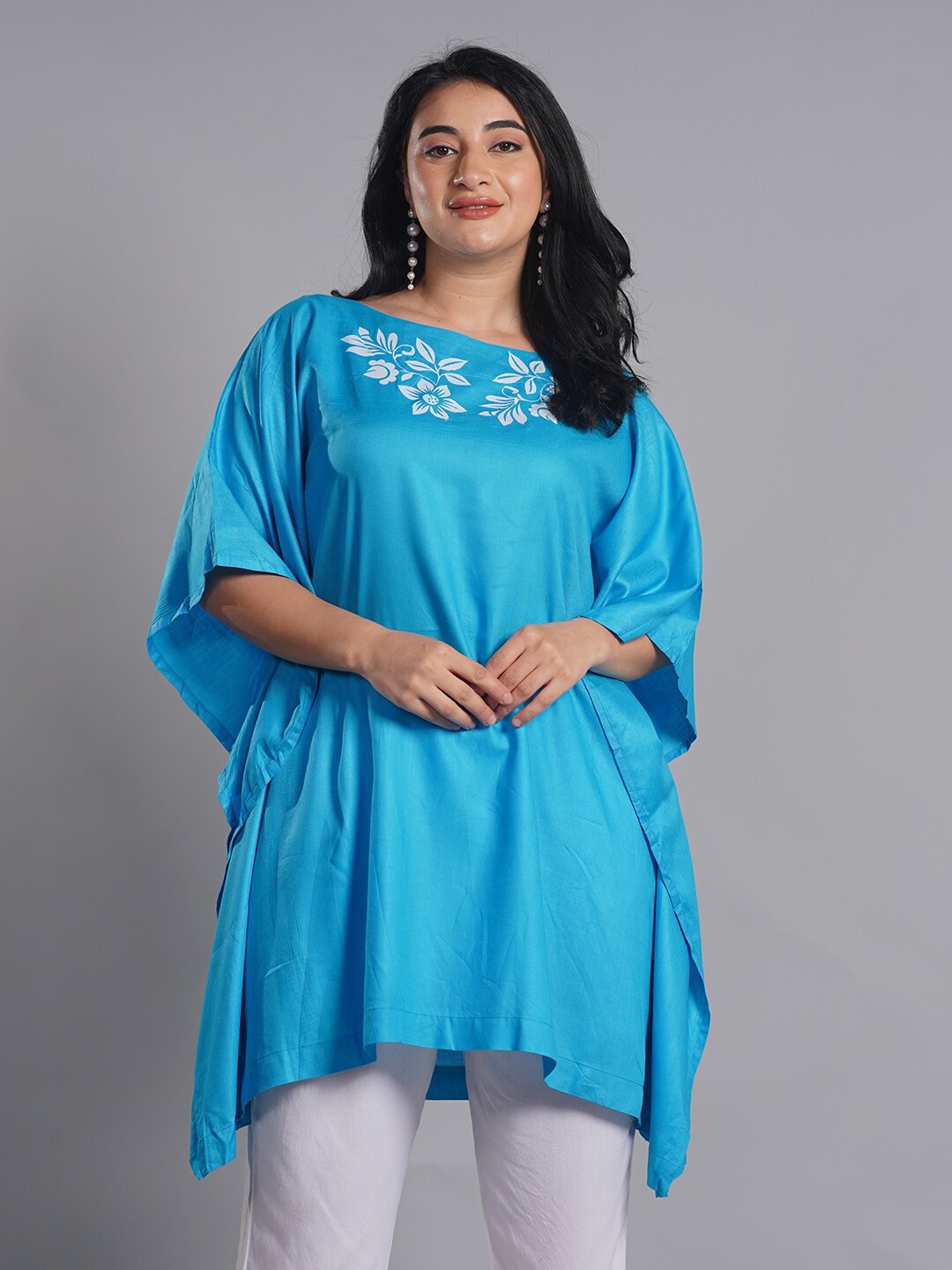 

LetsDressUp Floral Printed Flared Sleeves Kaftan Style Tunic, Turquoise blue