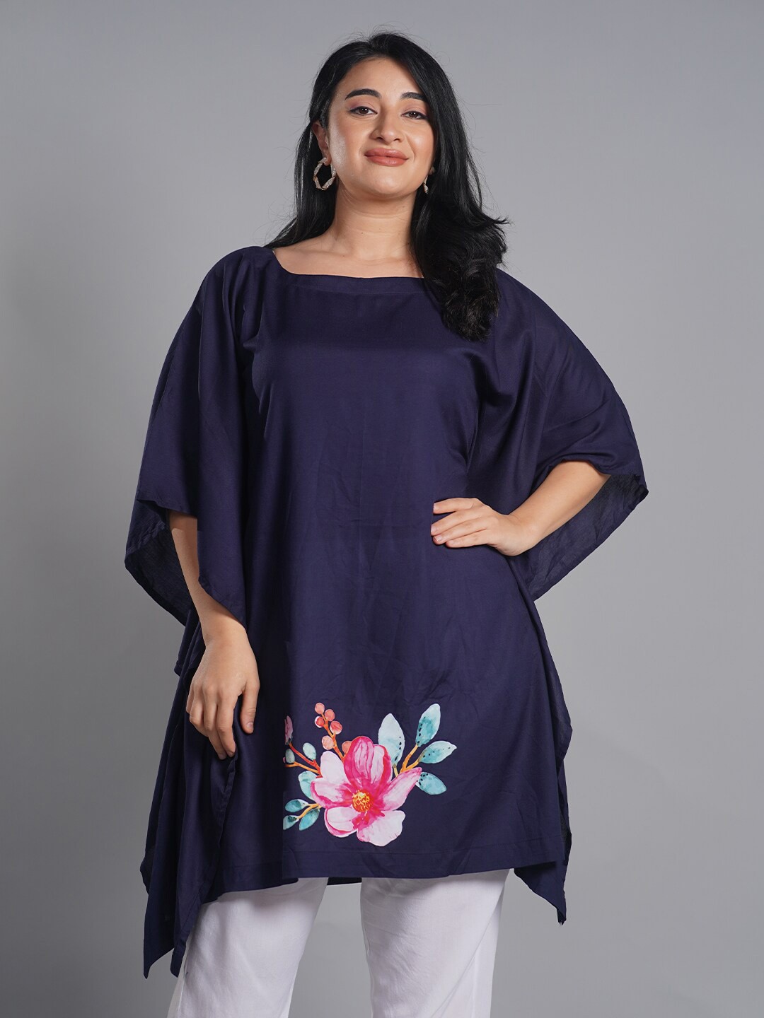 

LetsDressUp Floral Printed Boat Neck Flared Sleeves Kaftan Kurta, Navy blue
