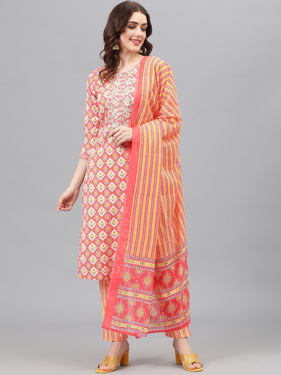 

KASHEEDA Ethnic Motifs Printed Thread Work Pure Cotton Kurta with Trousers & Dupatta, Orange