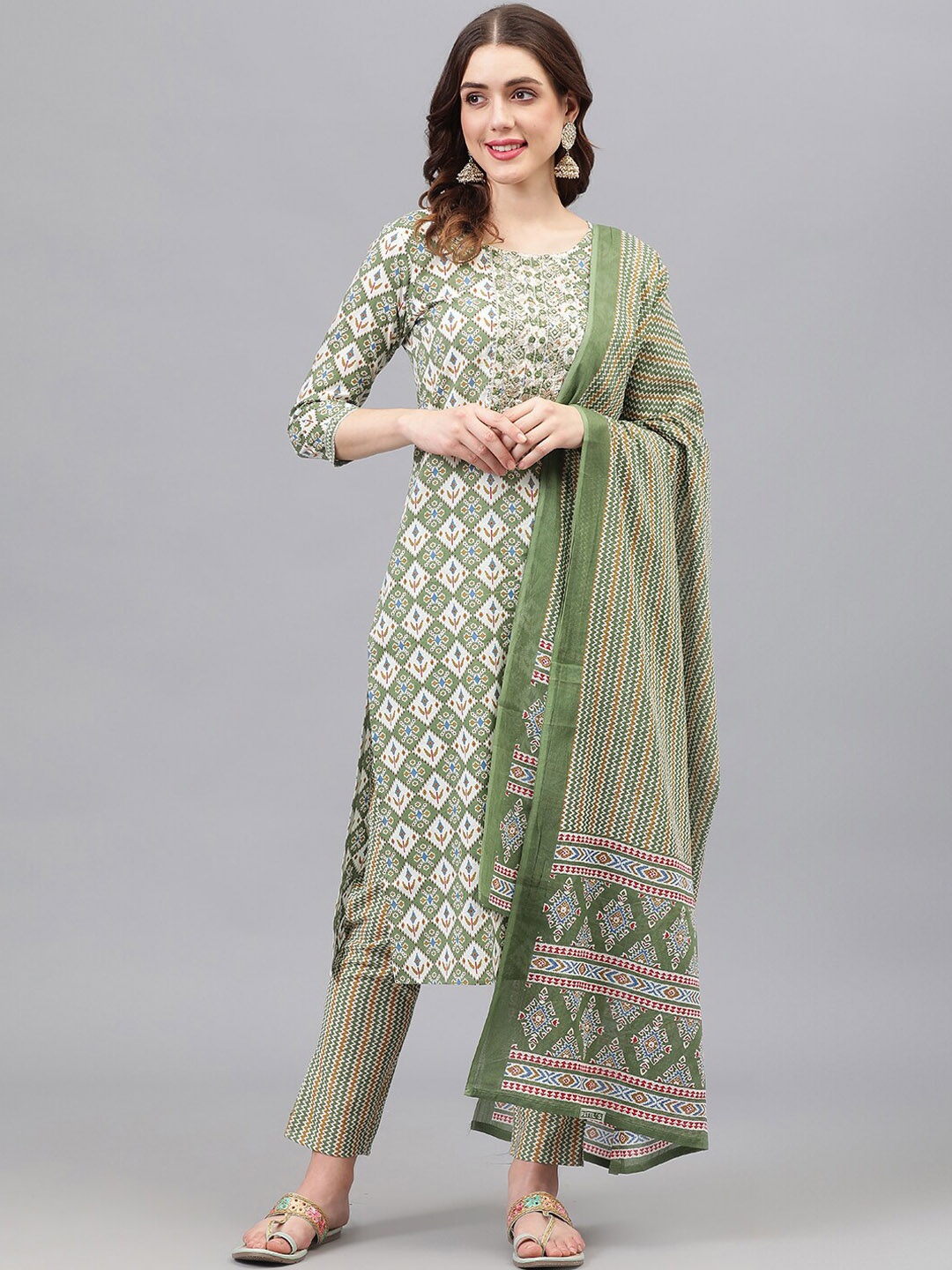 

KASHEEDA Ethnic Motifs Printed Thread Work Pure Cotton Kurta with Trousers & Dupatta, Green