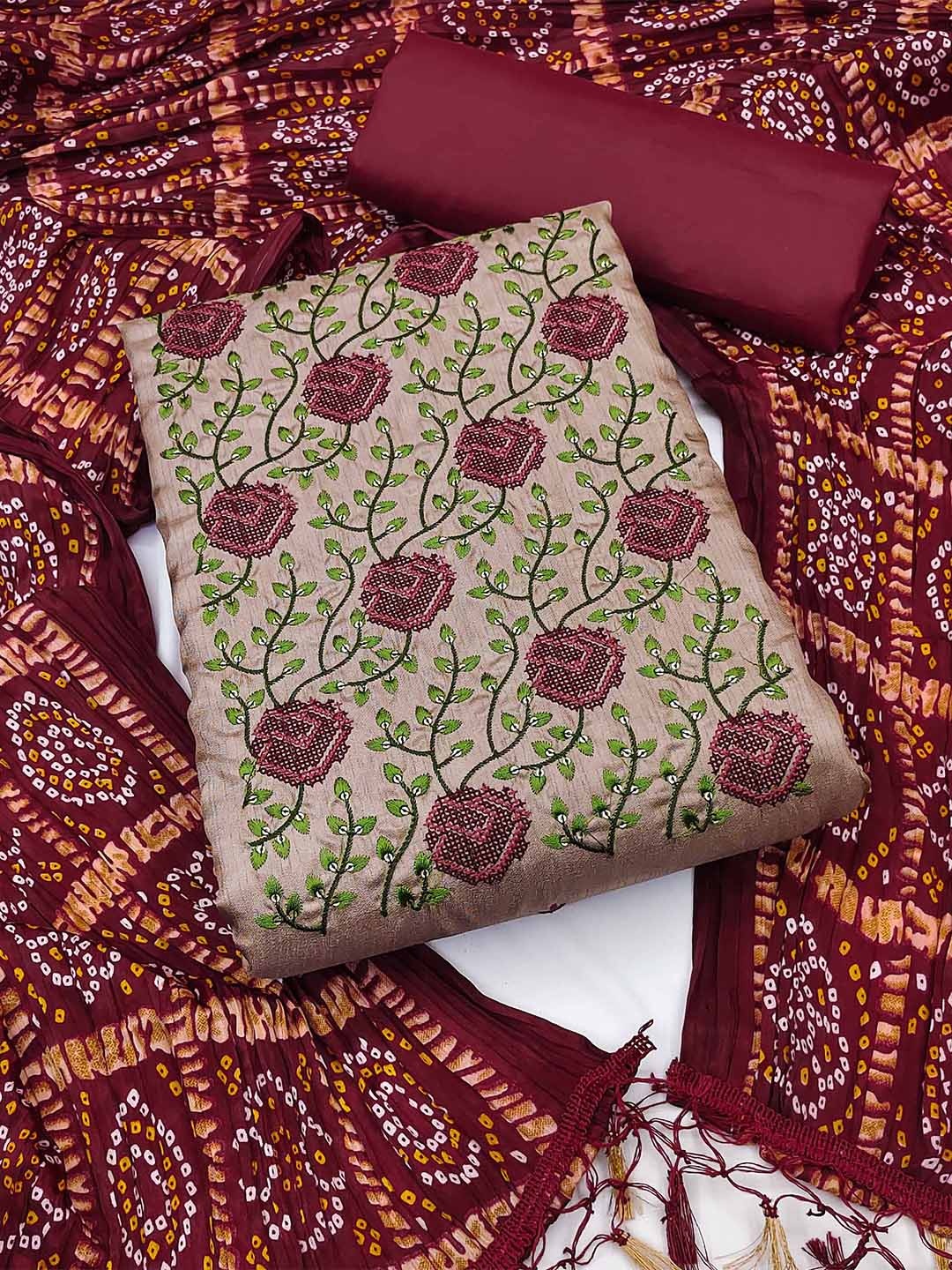 

KALINI Floral Embroidered Unstitched Dress Material, Rust