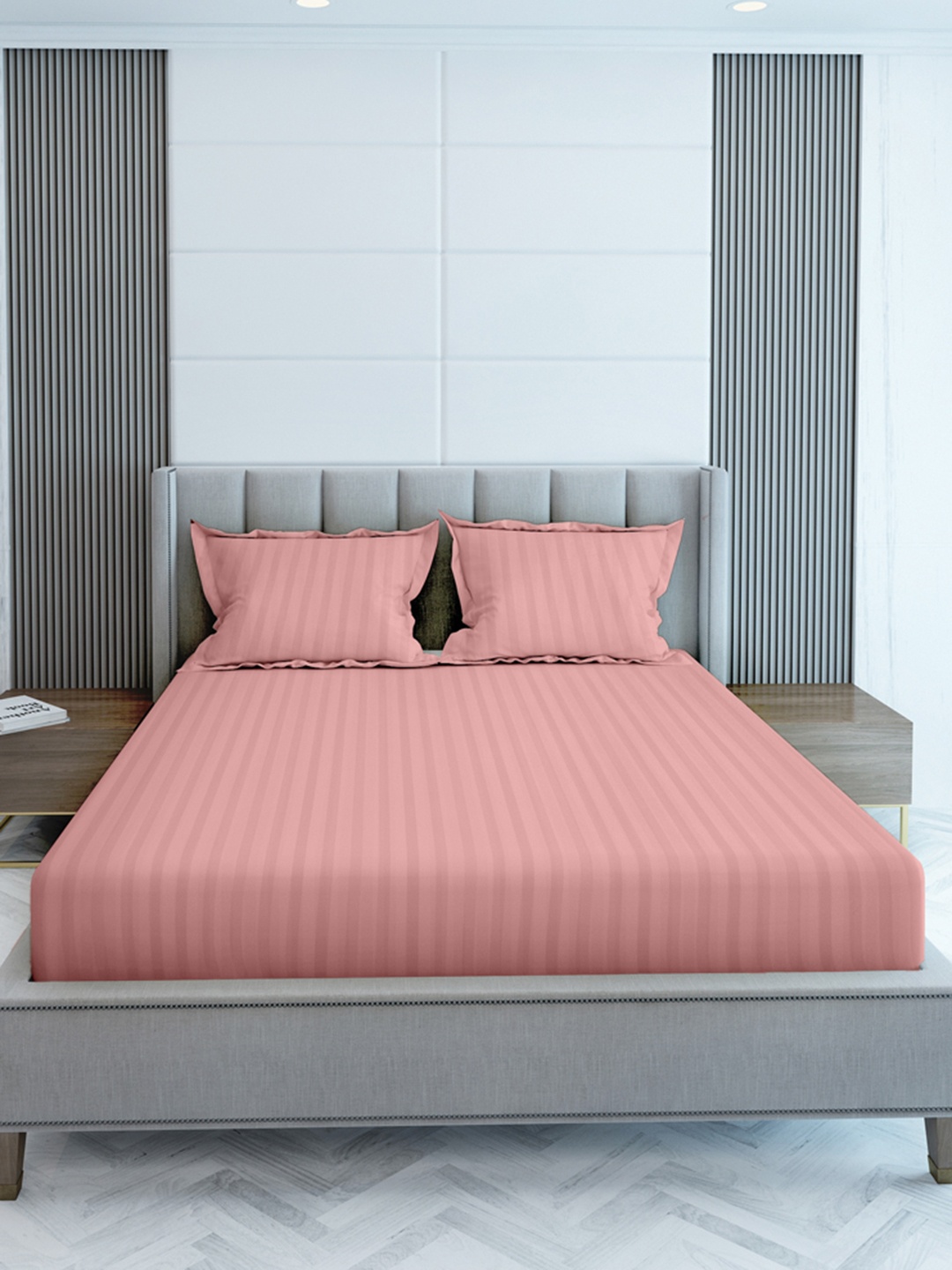 

LABHAM Simple Living Pink Striped Cotton 210 TC King Bedsheet with 2 Pillow Covers