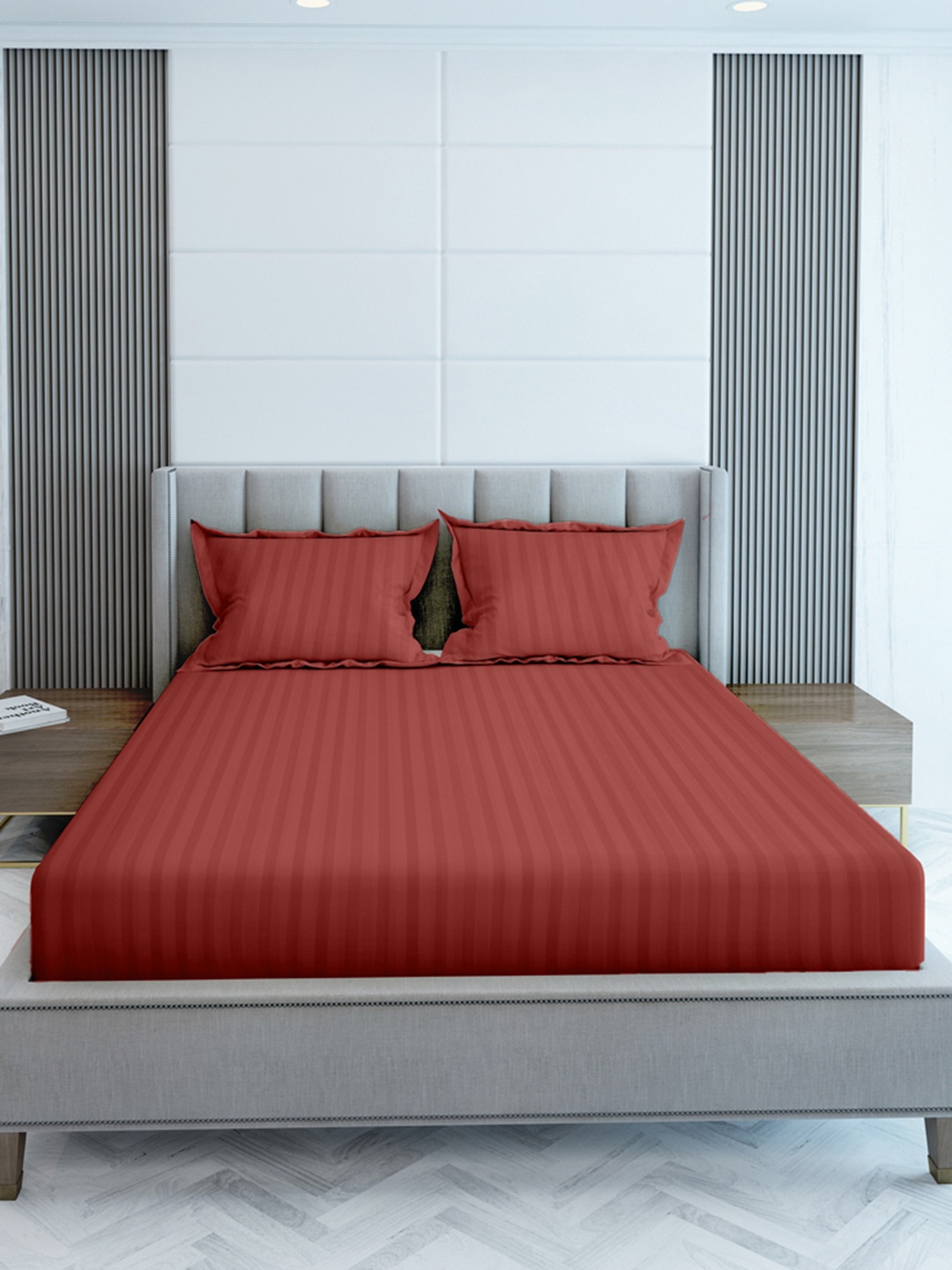 

LABHAM Simple Living Red Striped Cotton 210 TC King Bedsheet with 2 Pillow Covers