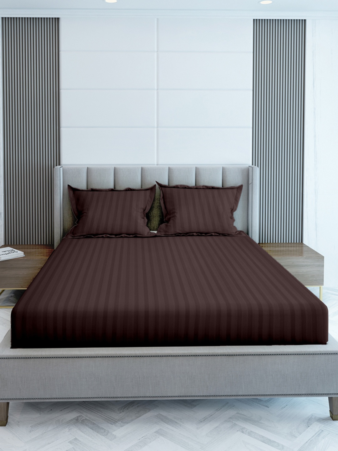 

LABHAM Simple Living Brown Striped 210 TC Pure Cotton King Bedsheet With 2 Pillow Covers