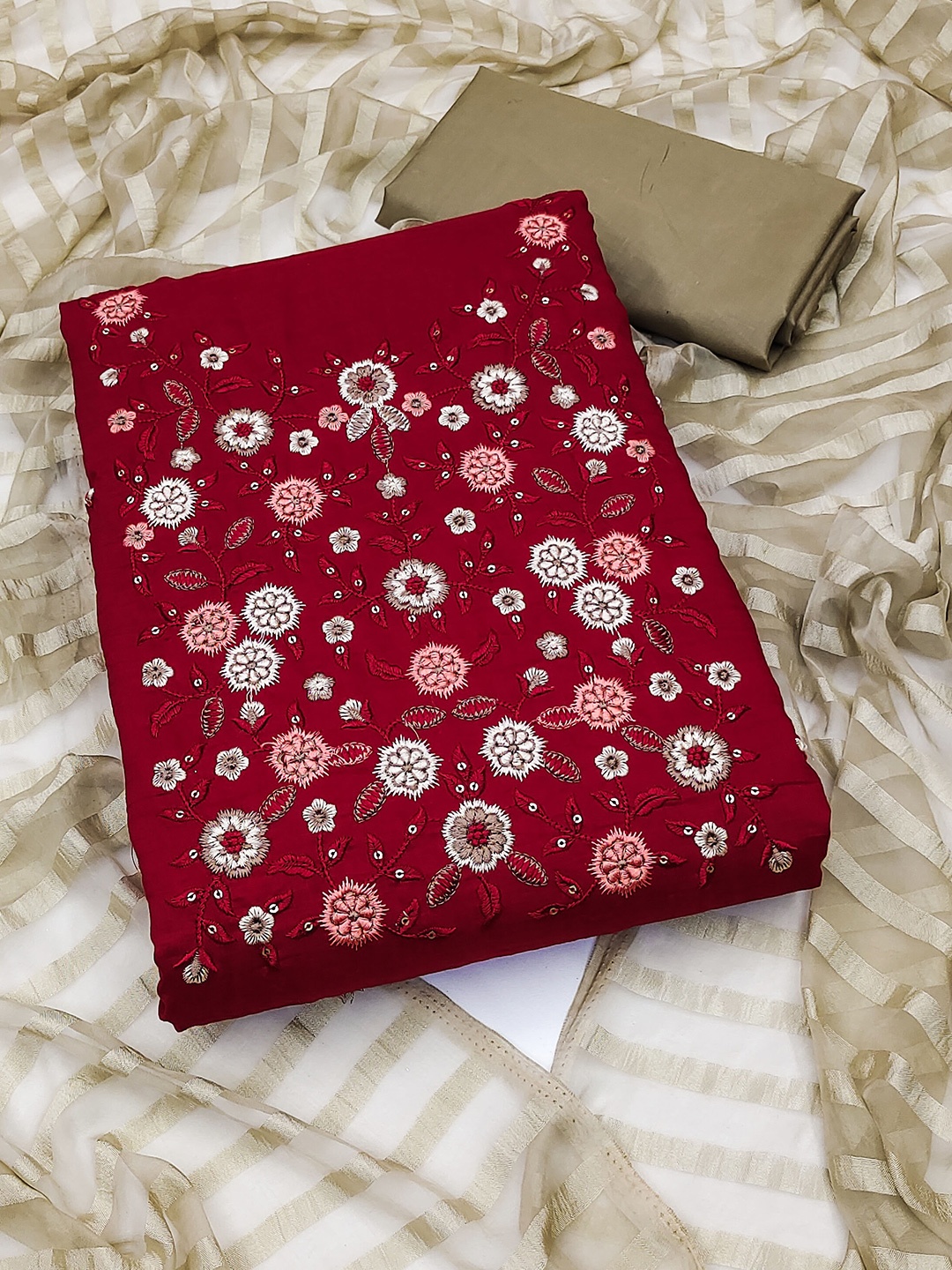 

KALINI Embroidered Cotton Unstitched Dress Material, Red