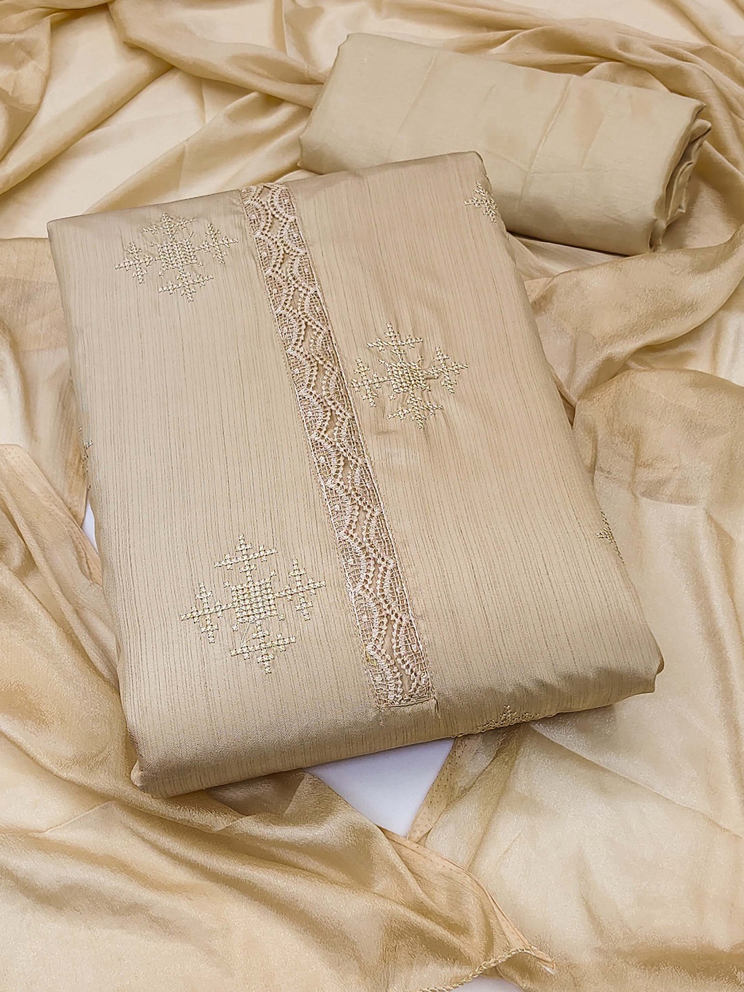 

KALINI Floral Embroidered Unstitched Dress Material, Beige