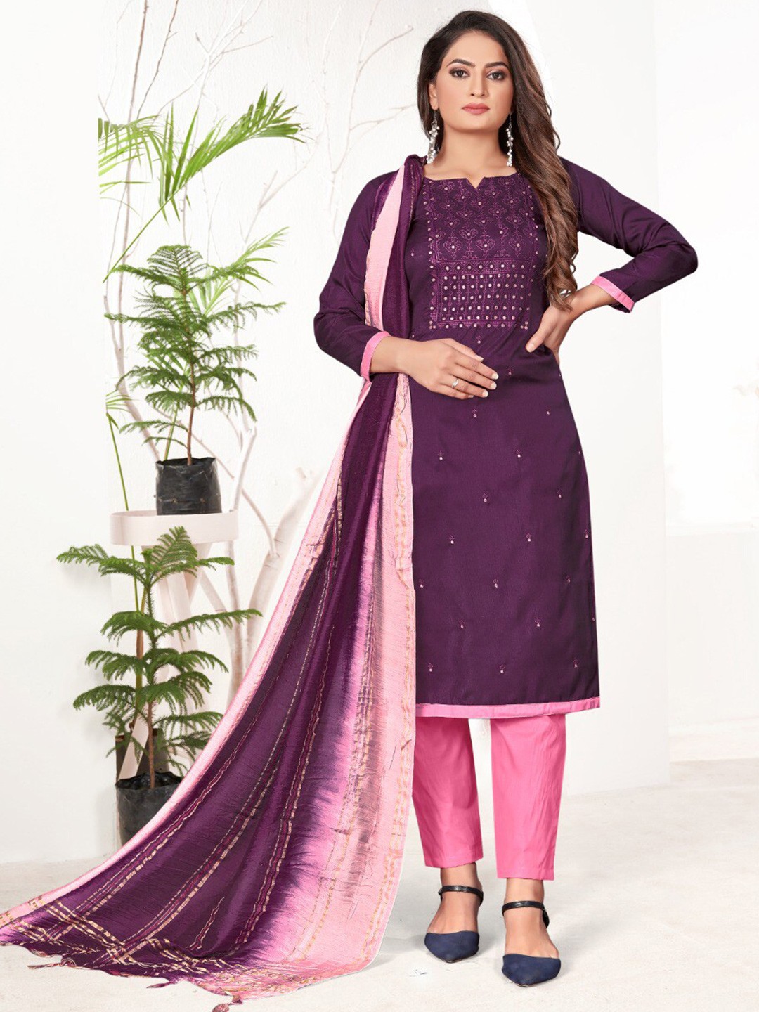 

KALINI Embroidered Unstitched Dress Material, Burgundy