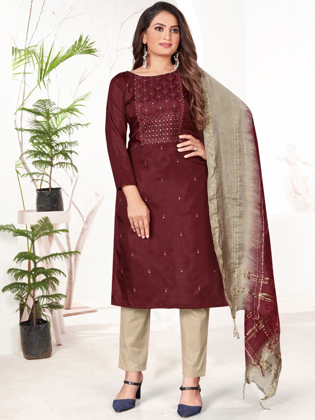 

KALINI Floral Embroidered Unstitched Dress Material, Maroon