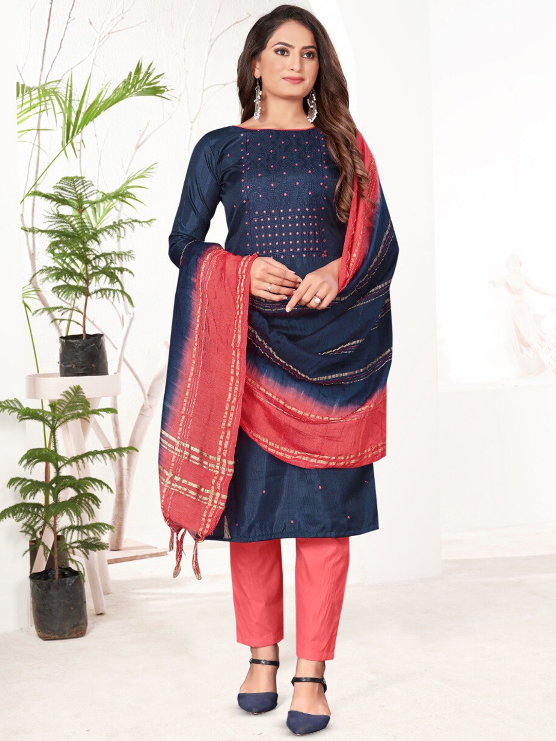 

KALINI Floral Embroidered Unstitched Dress Material, Blue