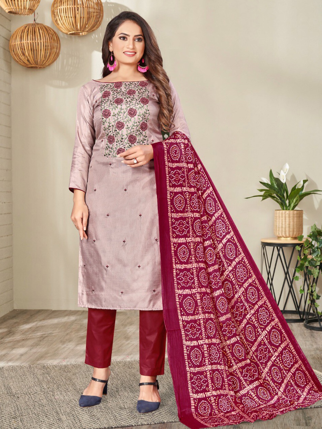 

KALINI Floral Embroidered Unstitched Dress Material, Mauve