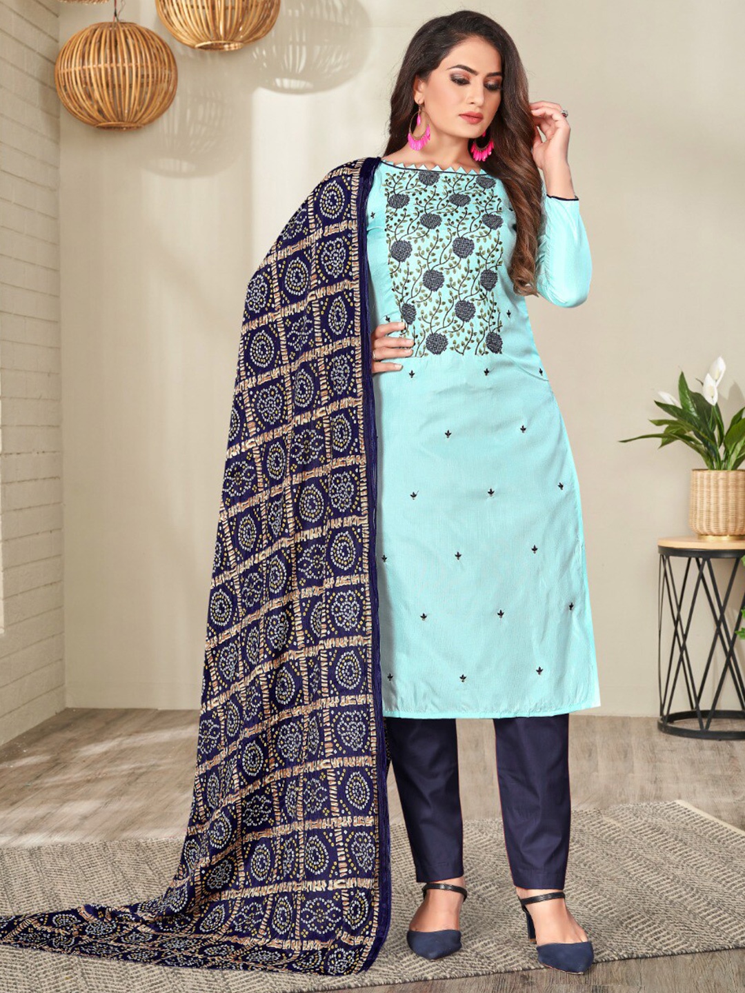 

KALINI Embroidered Unstitched Dress Material, Turquoise blue