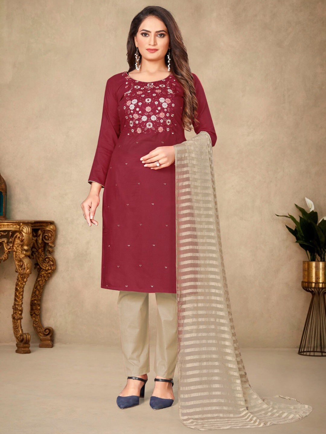 

KALINI Floral Embroidered Unstitched Dress Material, Red