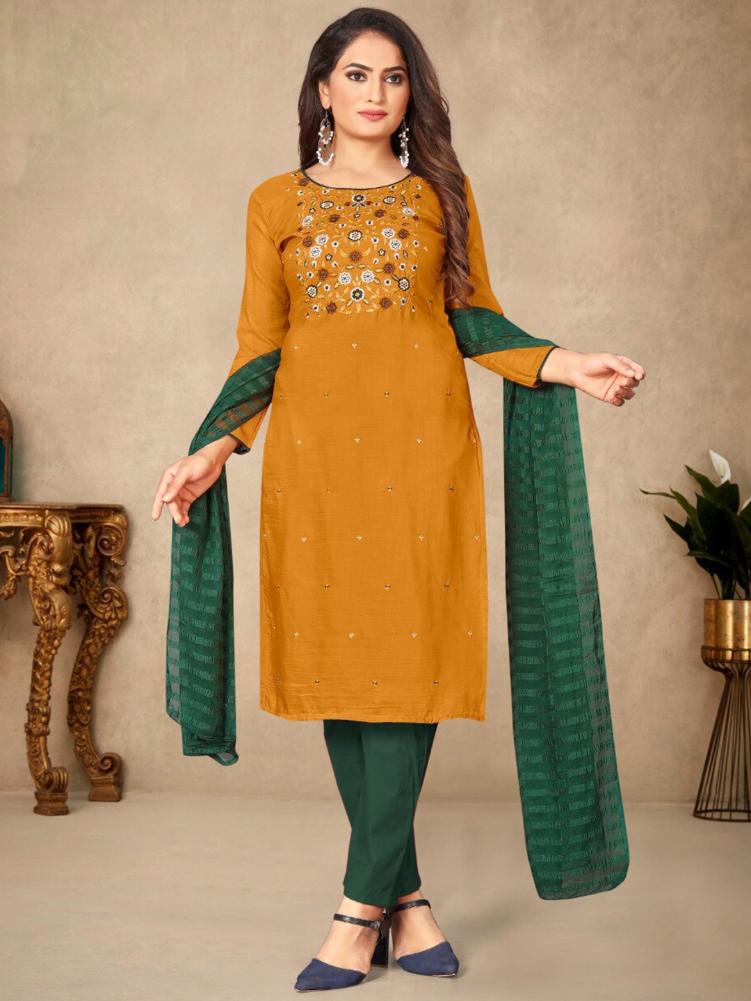 

KALINI Floral Embroidered Unstitched Dress Material, Mustard