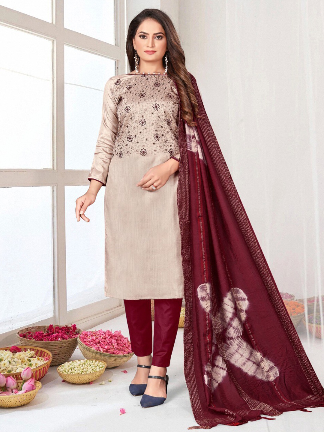

KALINI Floral Embroidered Unstitched Dress Material, Beige