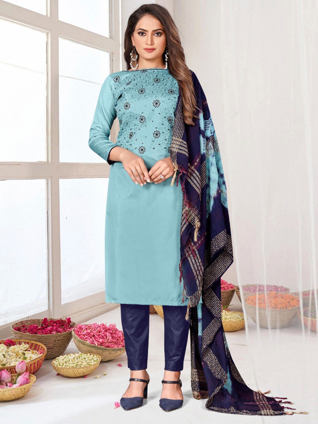 

KALINI Floral Embroidered Unstitched Dress Material, Turquoise blue