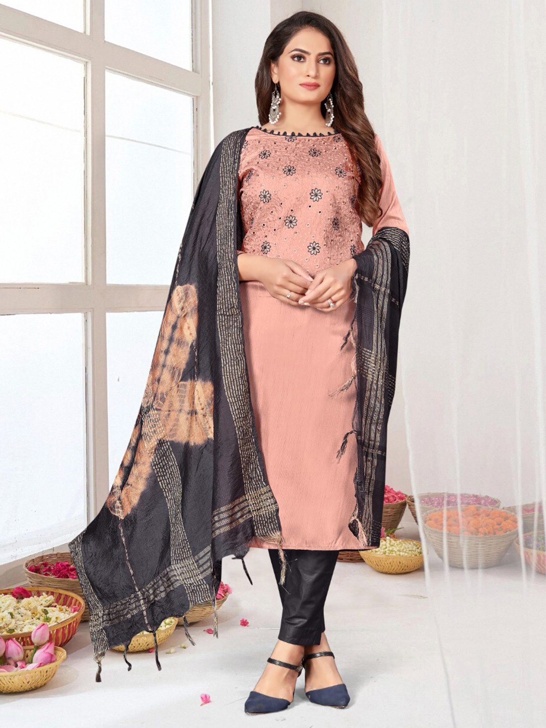 

KALINI Ethnic Motifs Embroidered Unstitched Dress Material, Peach