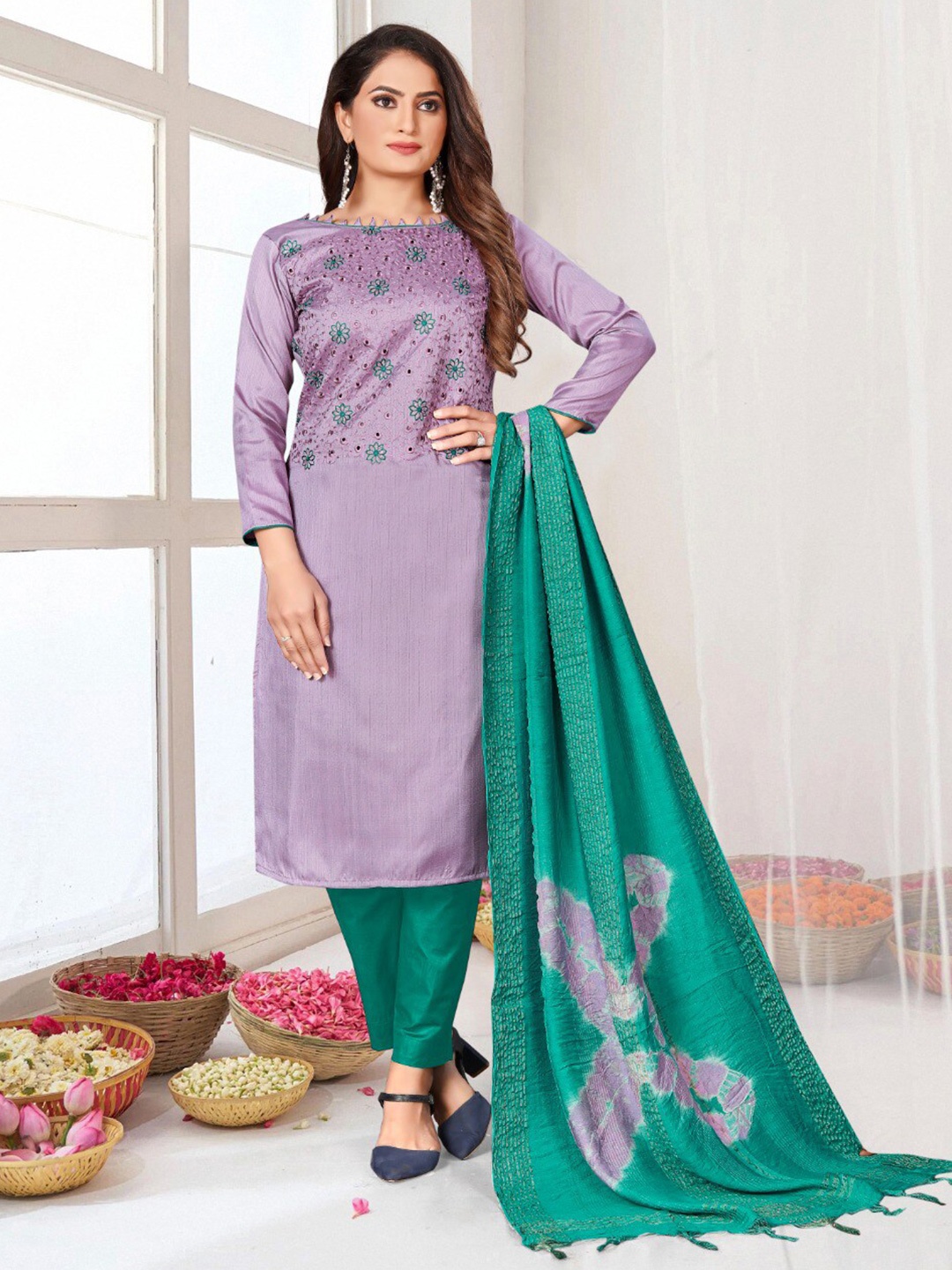

KALINI Floral Embroidered Unstitched Dress Material, Lavender