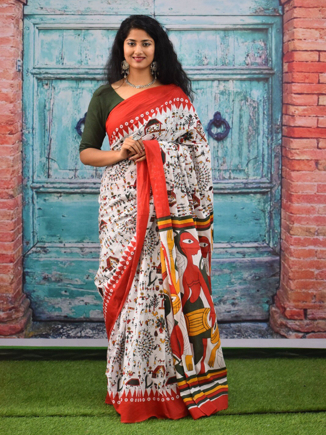 

TROPWEAR Warli Pure Cotton Block Printed Saree, Red