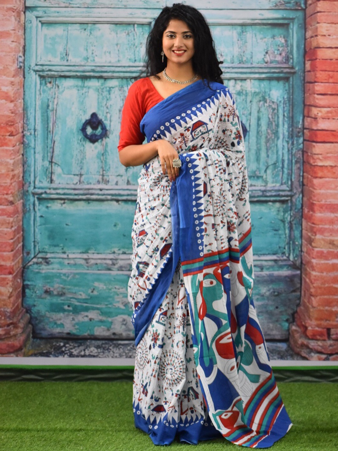 

TROPWEAR Warli Pure Cotton Block Printed Saree, Blue