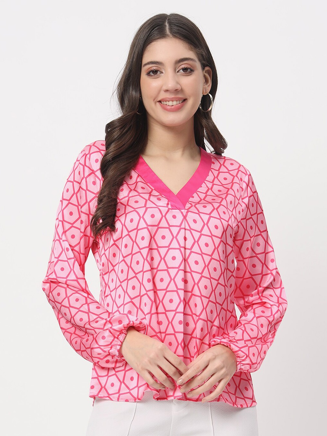 

angloindu Geometric Printed V-Neck Satin Top, Pink