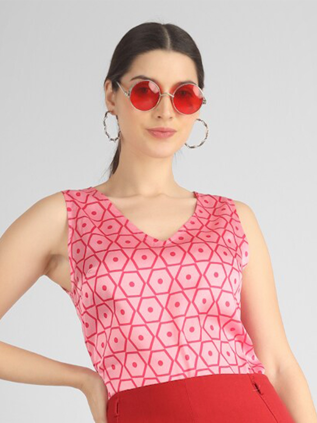 

angloindu Geometric Printed V-Neck Sleeveles Top, Pink