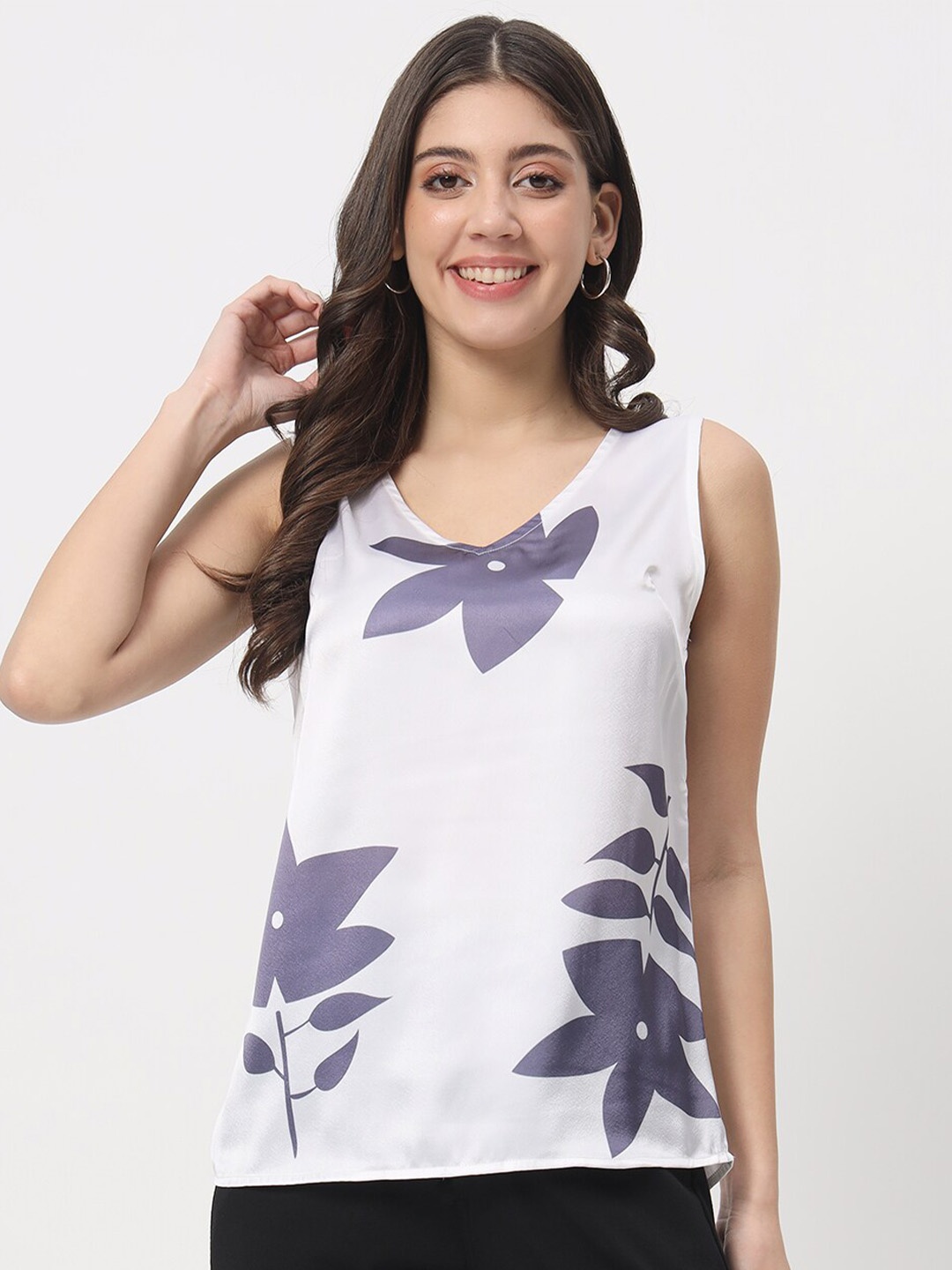 

angloindu Floral Printed V-Neck Sleeveless Satin Top, White