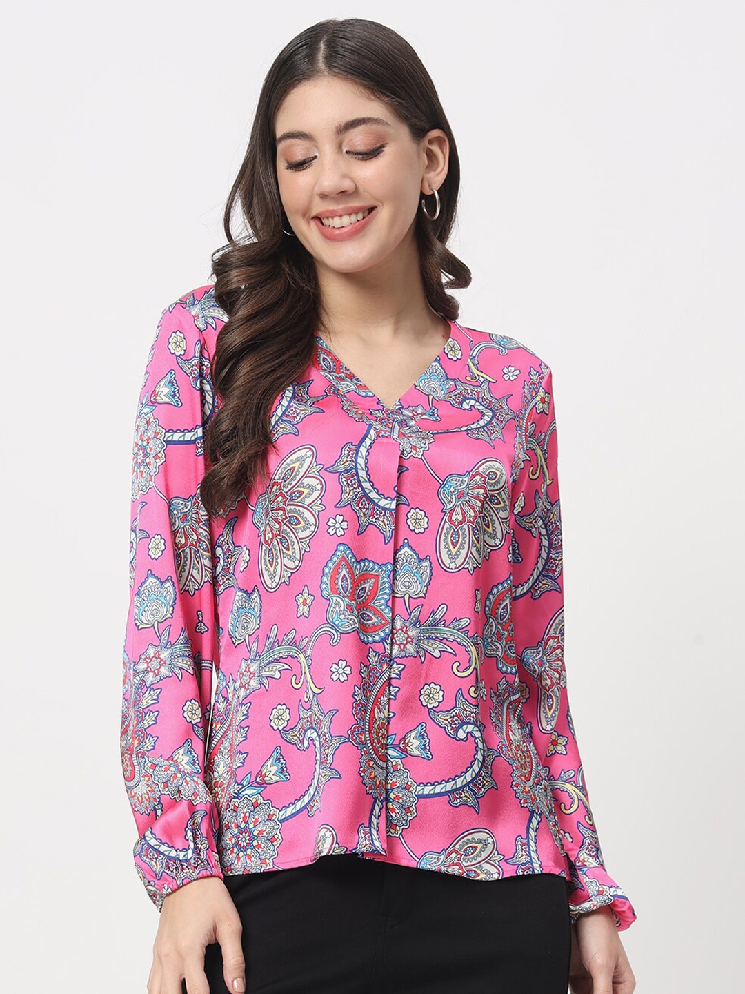 

angloindu Floral Printed V-Neck Puff Sleeves Satin Top, Pink