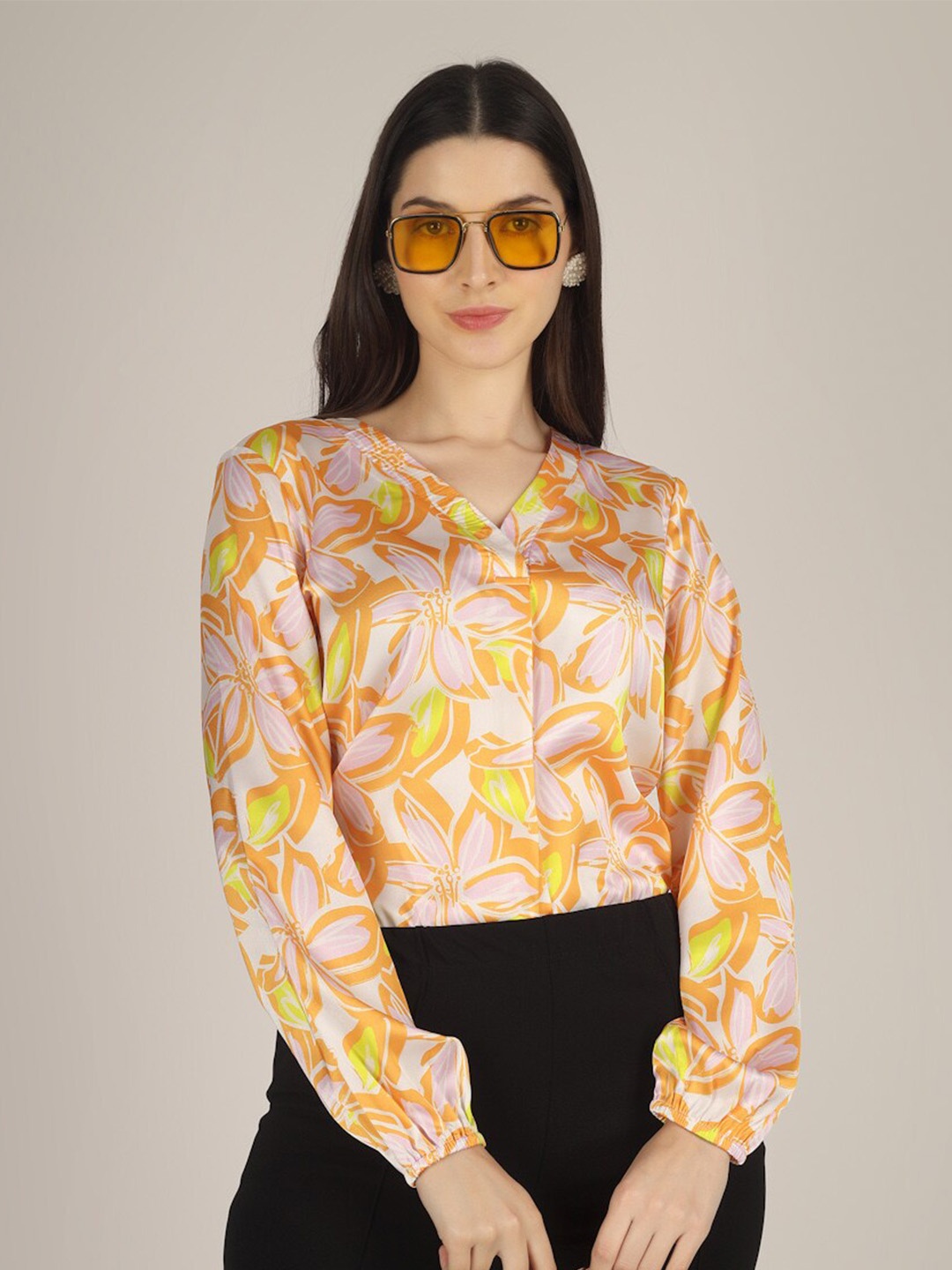 

angloindu Floral Printed V-Neck Top, Yellow