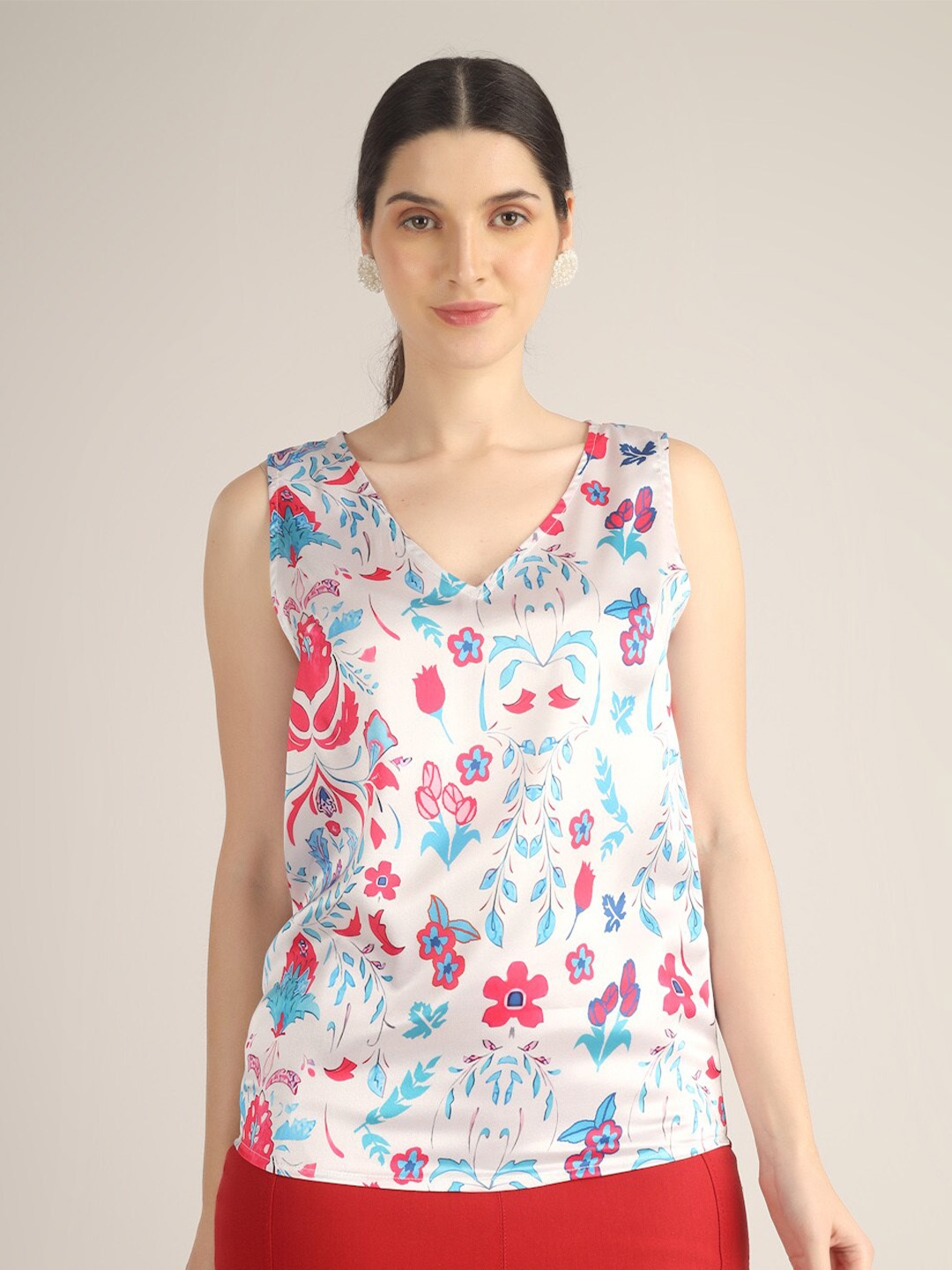 

angloindu Floral Printed V-Neck Sleeveless Top, White