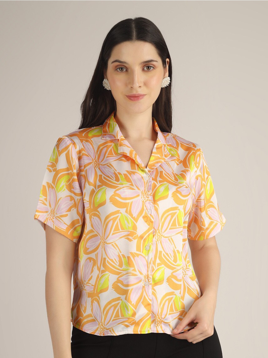 

angloindu Floral Printed Cuban Collar Casual Shirt, Yellow