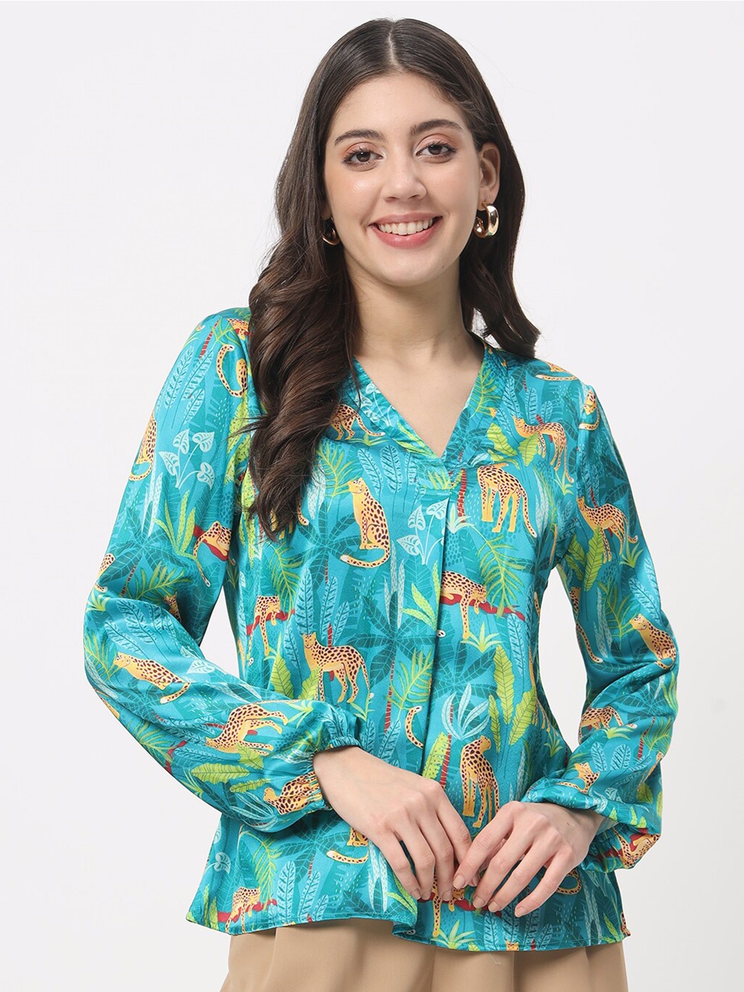 

angloindu Floral Printed V-Neck Top, Green