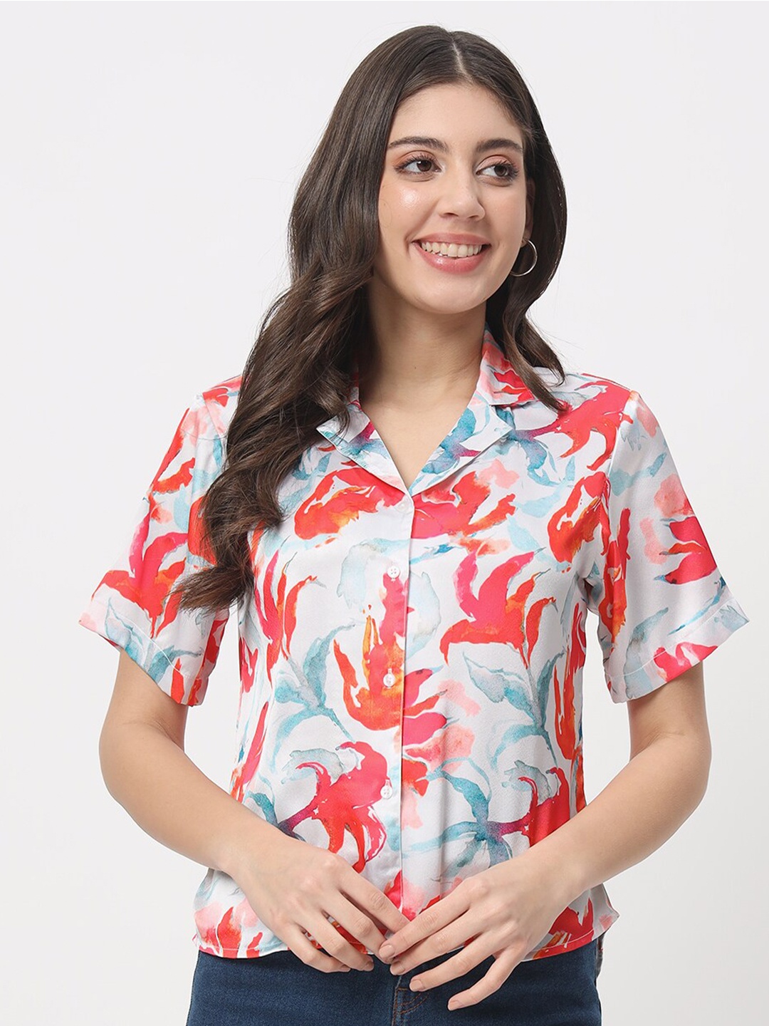 

angloindu Floral Printed Cuban Collar Casual Shirt, White