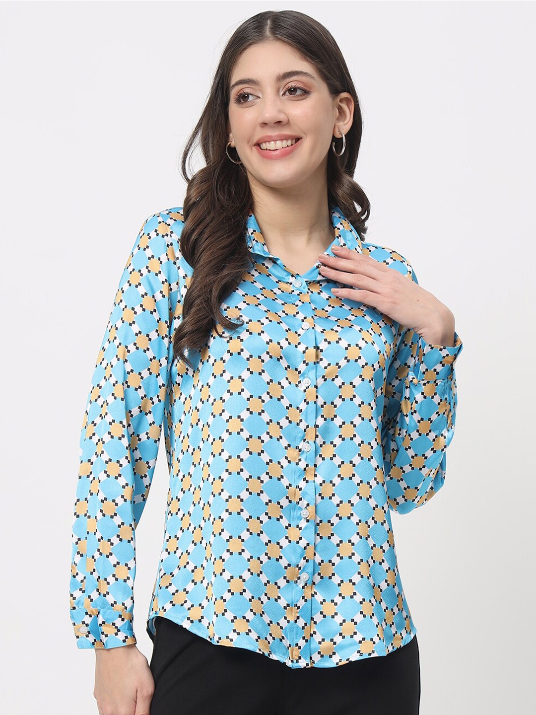 

angloindu Geometric Printed Spread Collar Casual Shirt, Blue