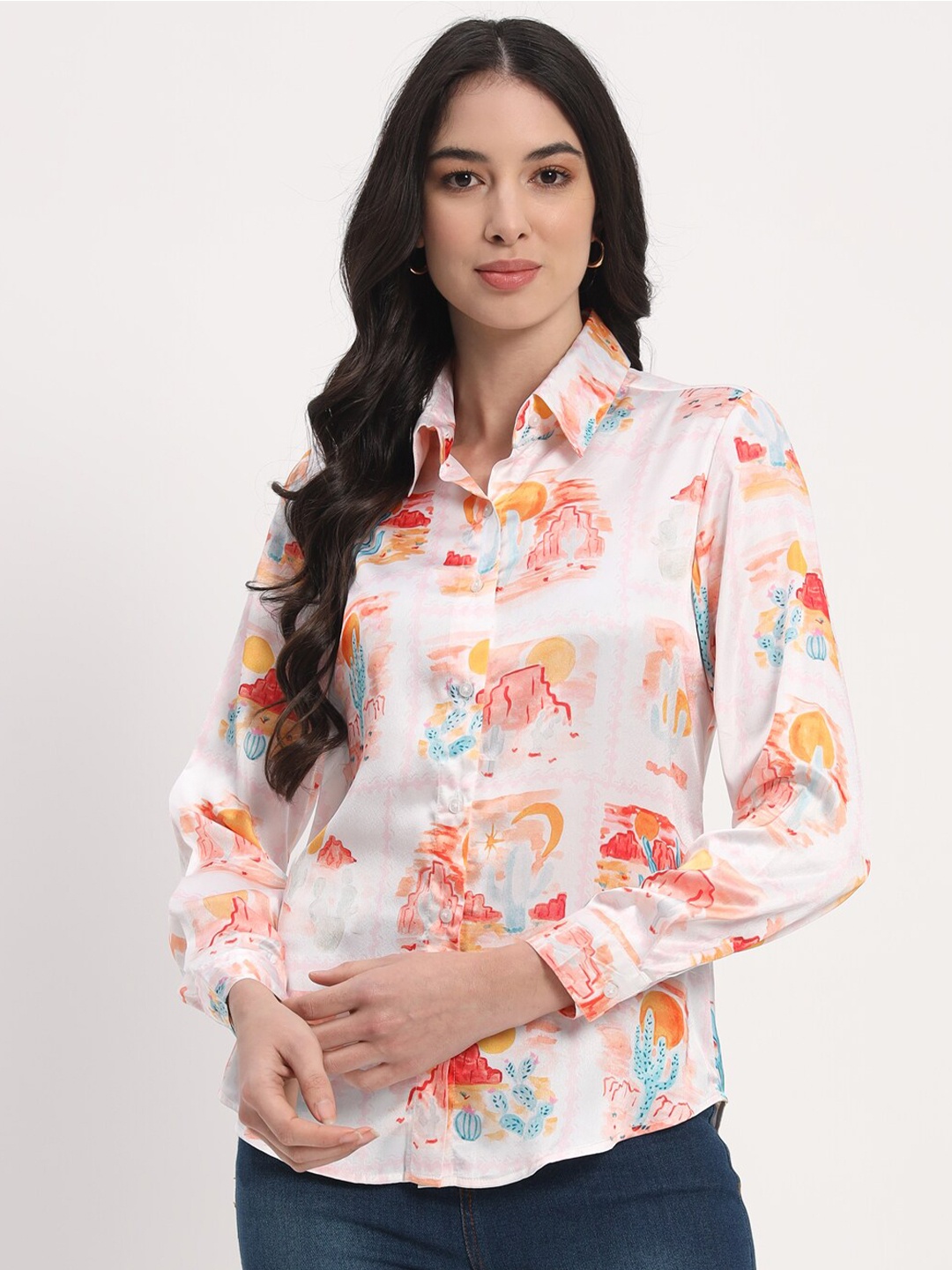 

angloindu Floral Printed Spread Collar Casual Shirt, Off white