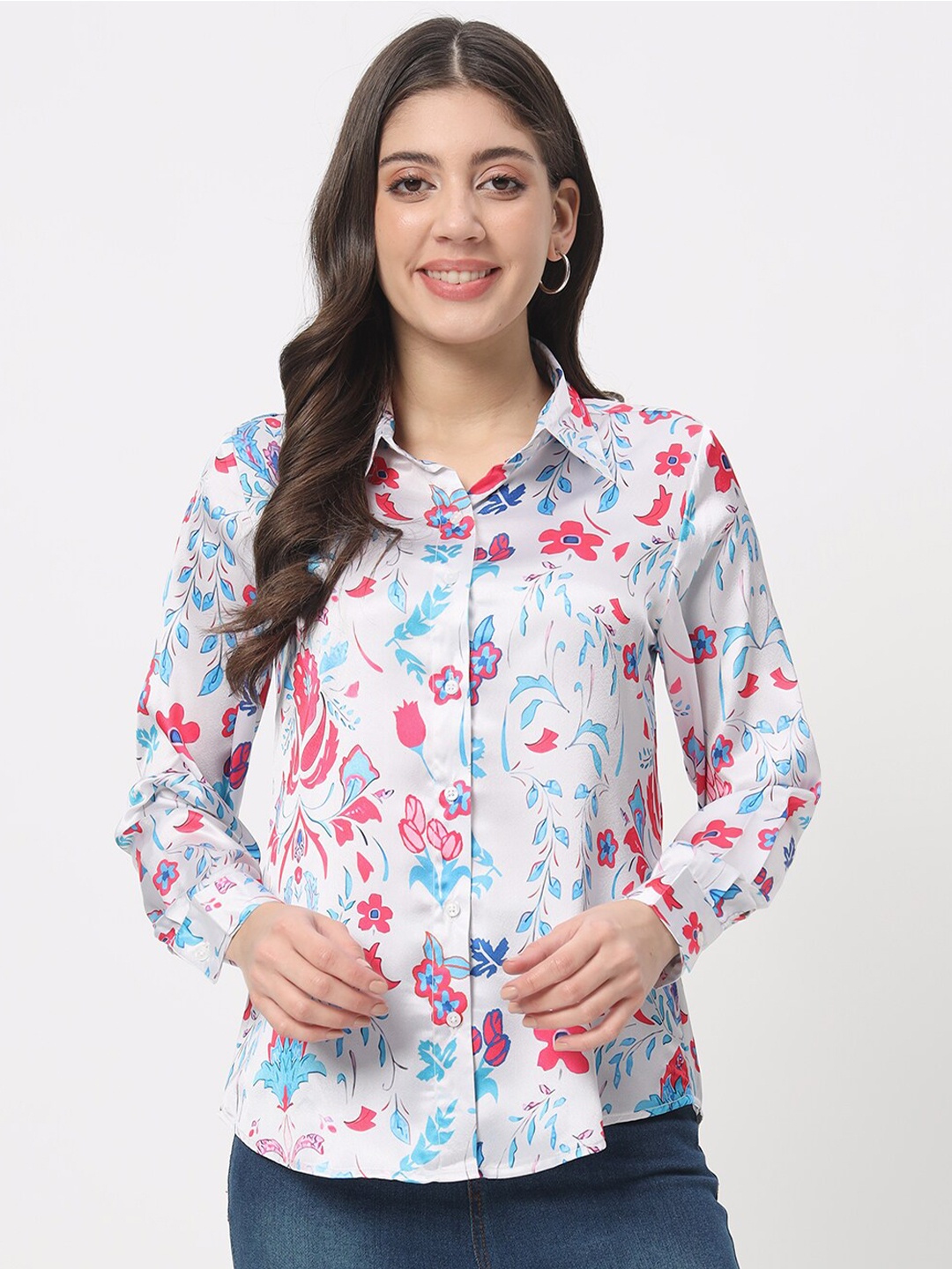 

angloindu Floral Printed Spread Collar Casual Shirt, Off white