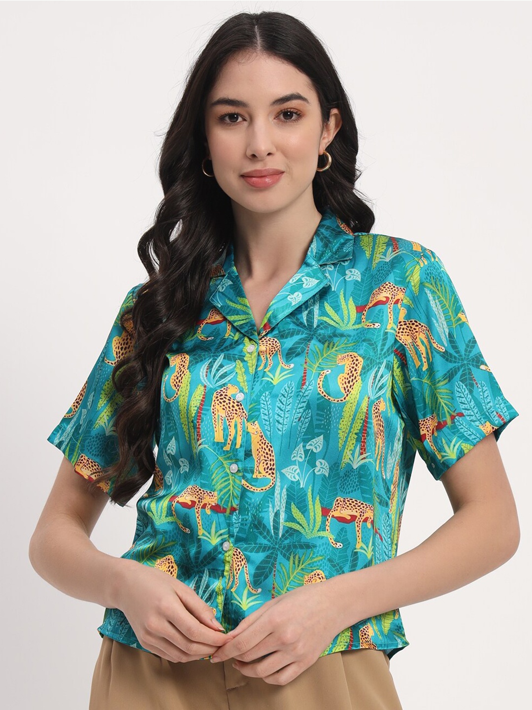 

angloindu Floral Printed Cuban Collar Casual Shirt, Green