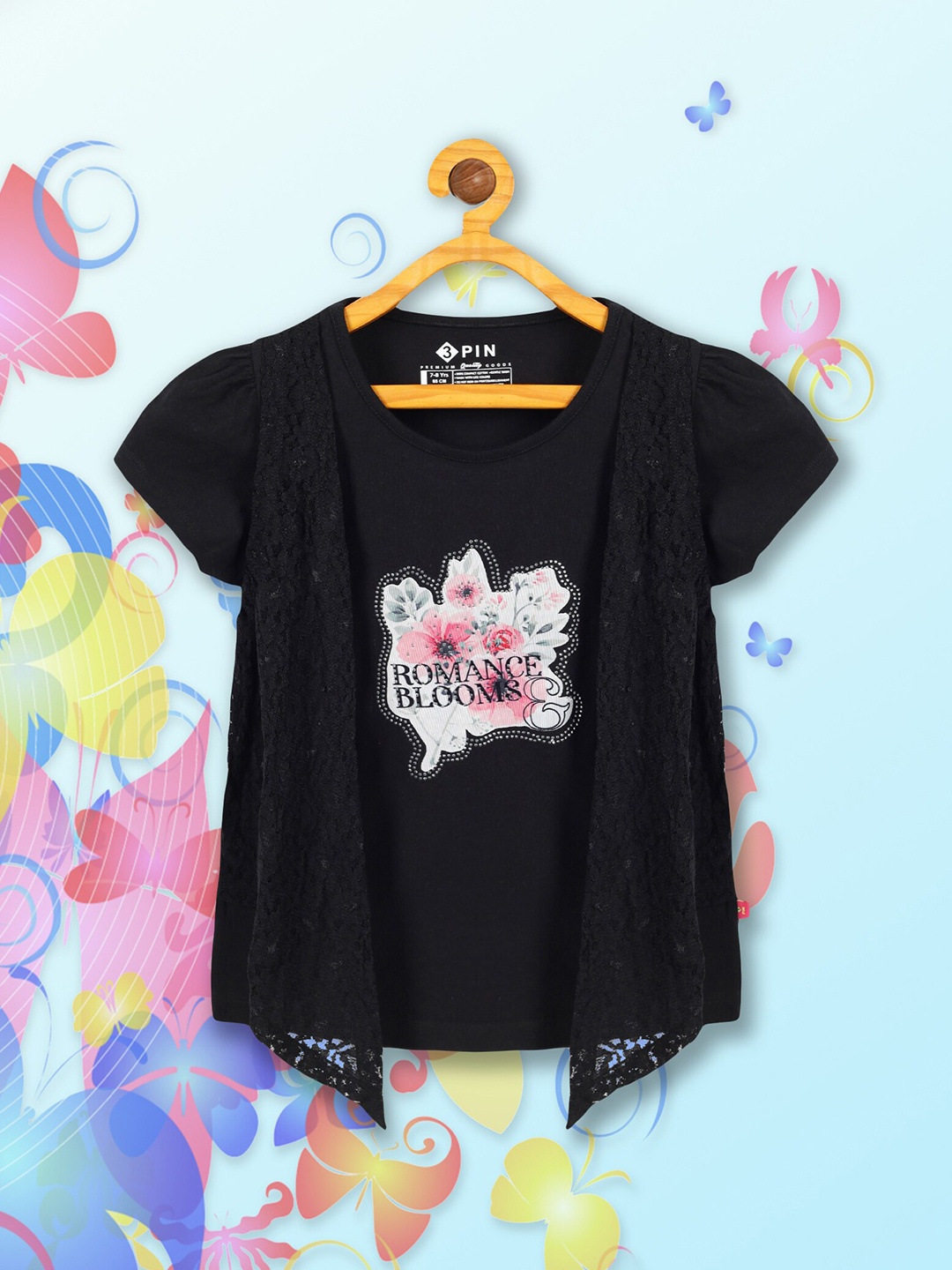 

3PIN Girls Floral Printed Round Neck Puff Sleeves Lace-Up Cotton Regular Top, Black