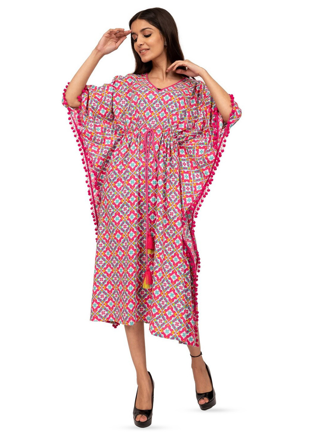 

INDIE JHOLA Ethnic Motifs Printed Kaftan Midi Dress, Pink