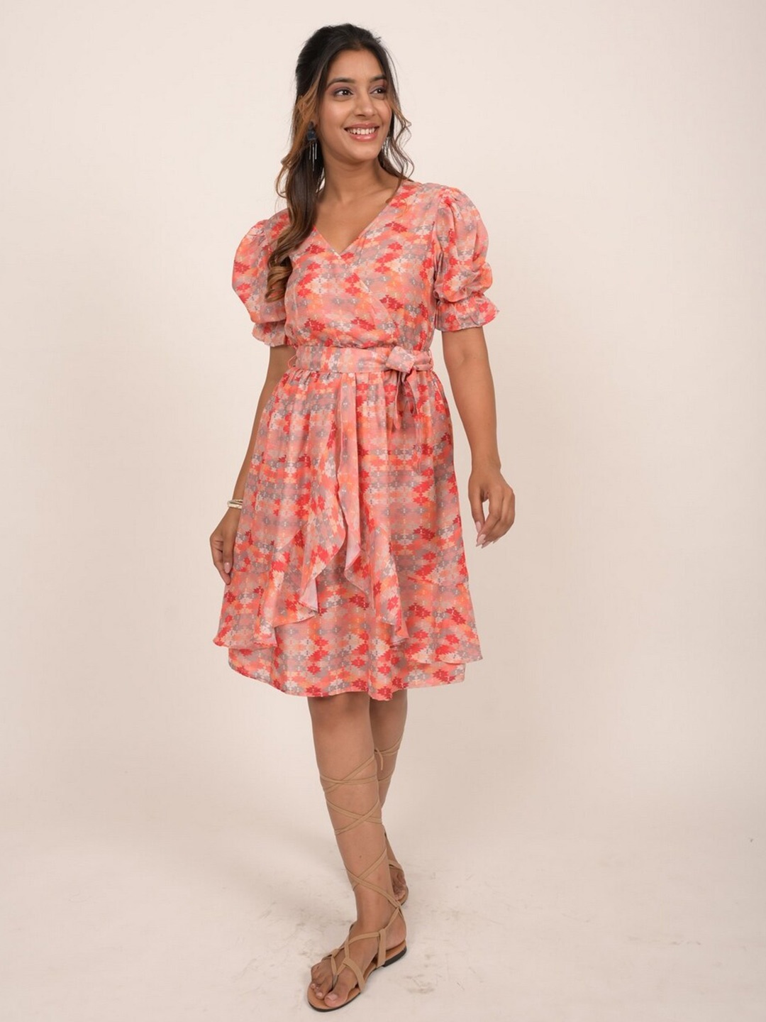 

INDIE JHOLA Geometric Printed V-Neck Ruffles Detailed Fit & Flare Dress With Belt, Peach