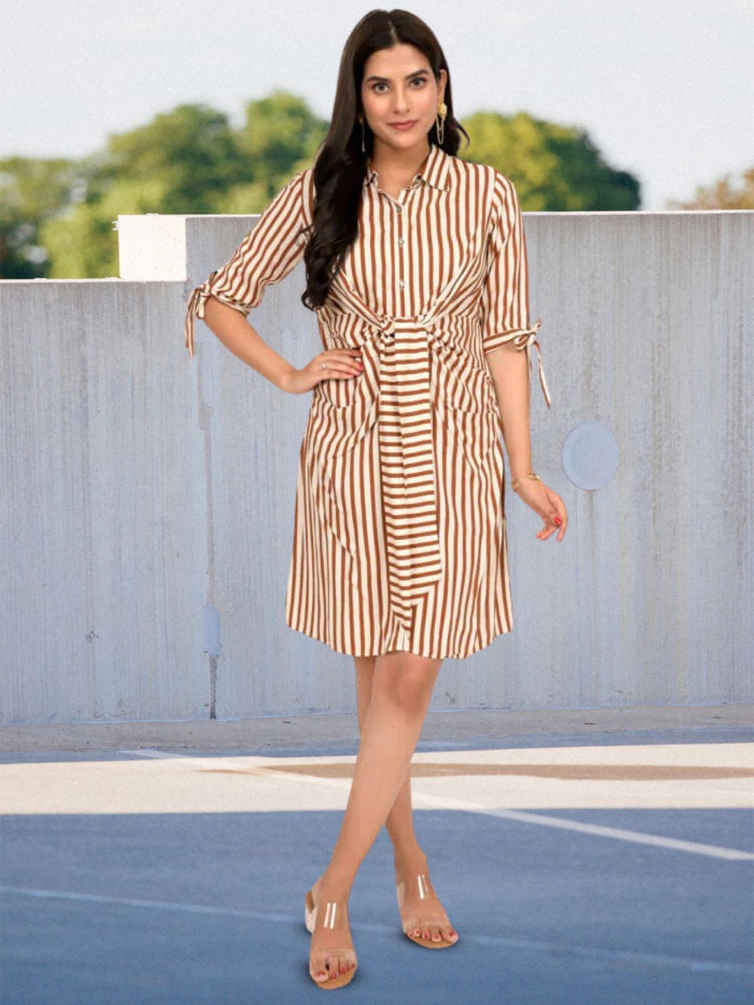 

INDIE JHOLA Striped Cotton Shirt Dress, Cream