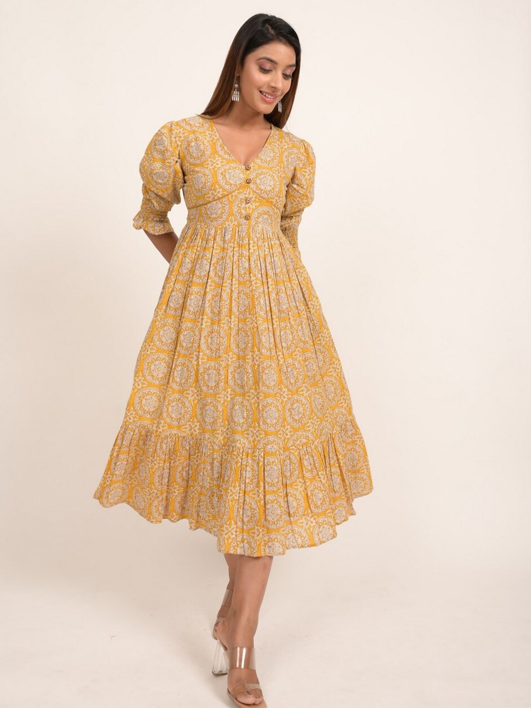 

INDIE JHOLA Ethnic Motifs Printed Puff Sleeve Pure Cotton Fit & Flare Midi Dress, Mustard