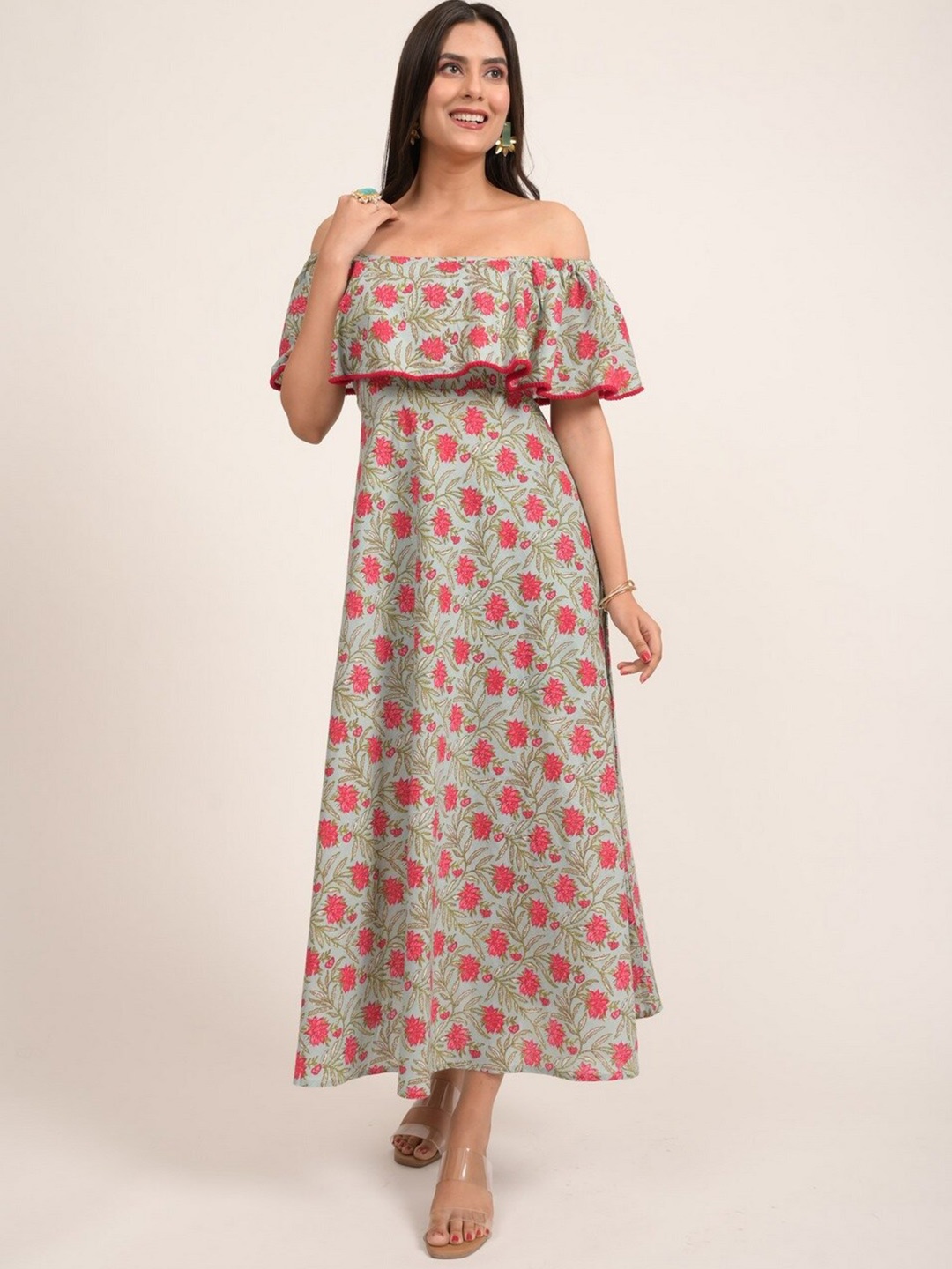 

INDIE JHOLA Floral Printed Off-Shoulder A-Line Midi Dress, Blue