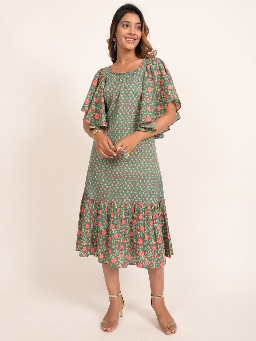 

INDIE JHOLA Floral Printed Flared Sleeve Cotton A-Line Dress, Green