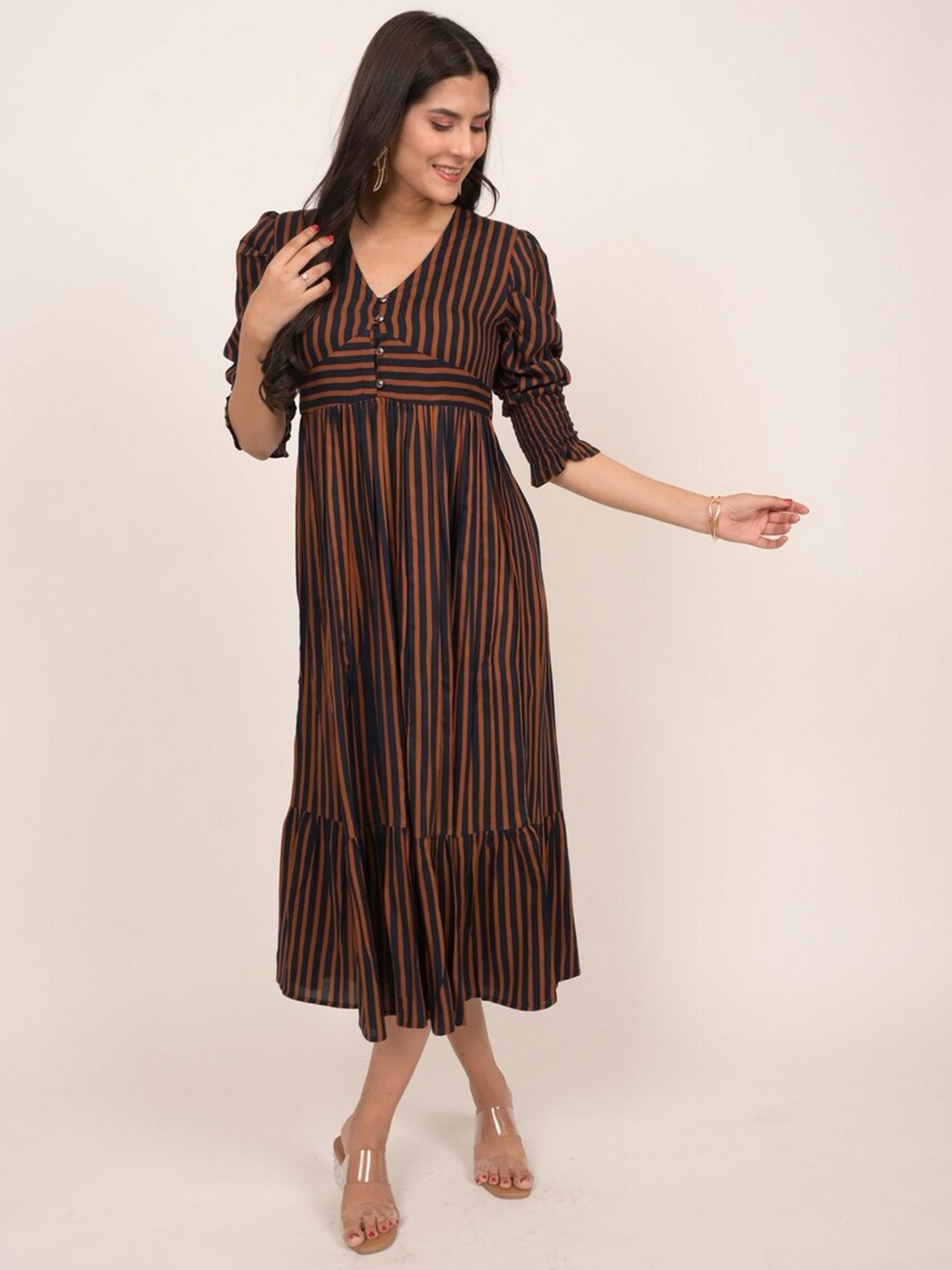 

INDIE JHOLA Striped V-Neck A-Line Midi Dress, Brown