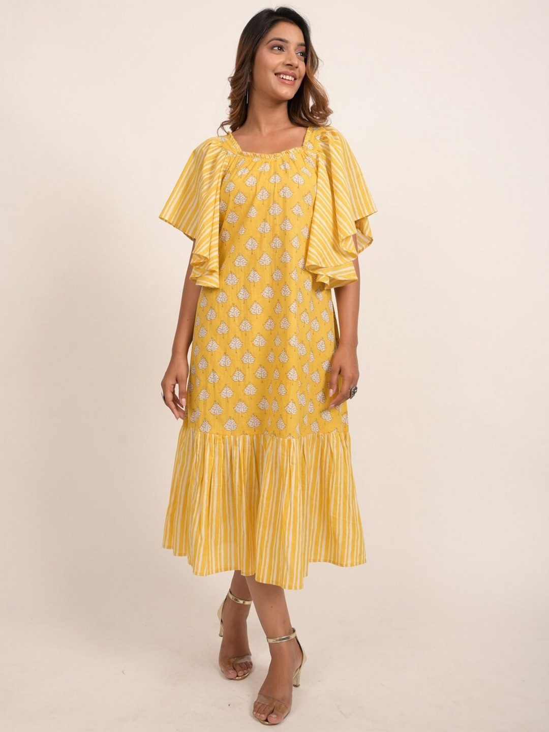 

INDIE JHOLA Ethnic Motifs Printed Flutter Sleeves Gathered Detail Pure Cotton A-Line Dress, Yellow