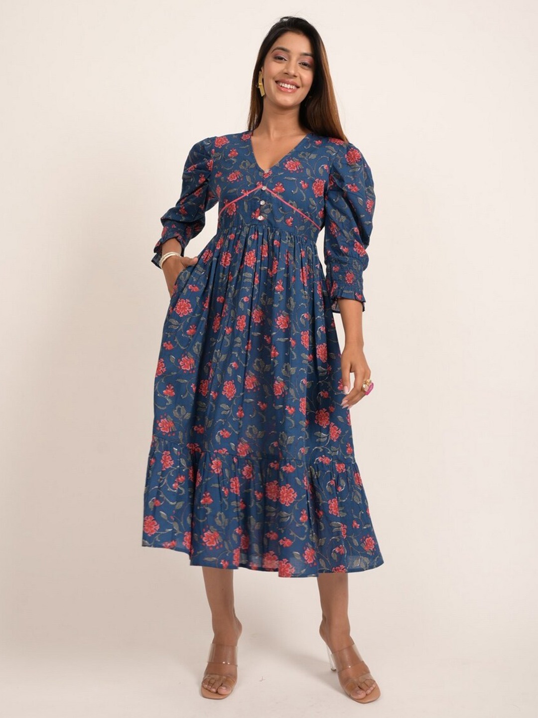 

INDIE JHOLA Floral Printed Gathered Detailed Pure Cotton Fit & Flare Midi Dress, Navy blue