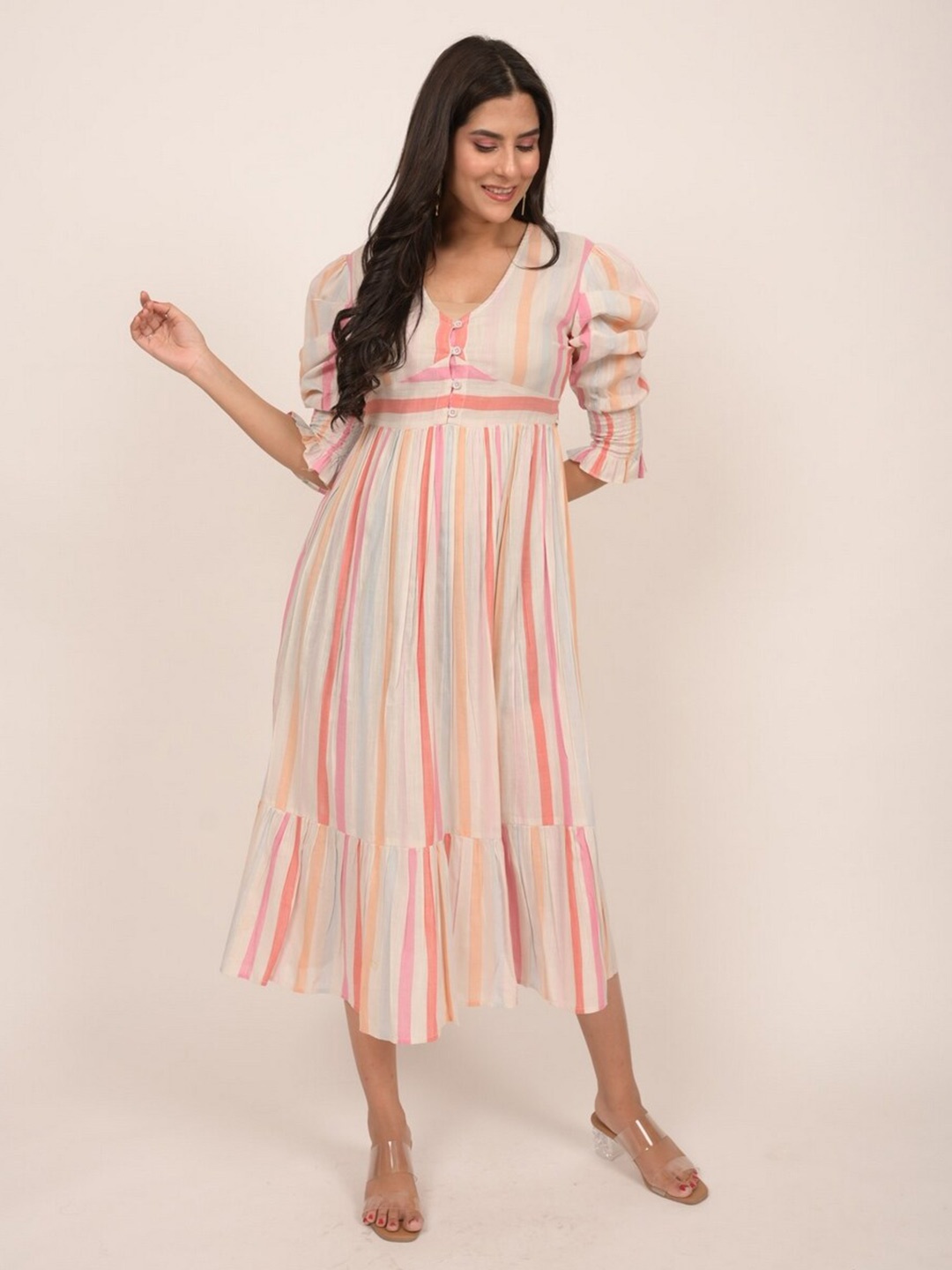 

INDIE JHOLA Striped Fit & Flare V-Neck Puff Sleeves Midi Dress, Off white