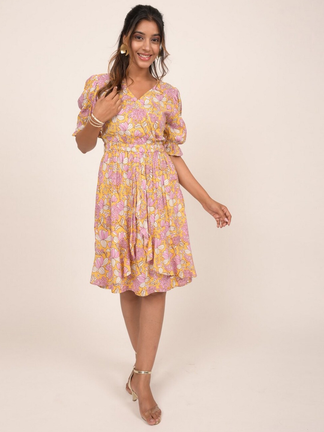

INDIE JHOLA Floral Printed V-Neck Puff Sleeve Cotton Fit & Flare Dress, Yellow